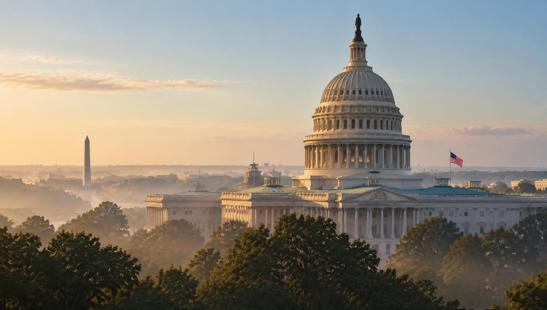 The US Capitol dome at sunrise in soft morning mist