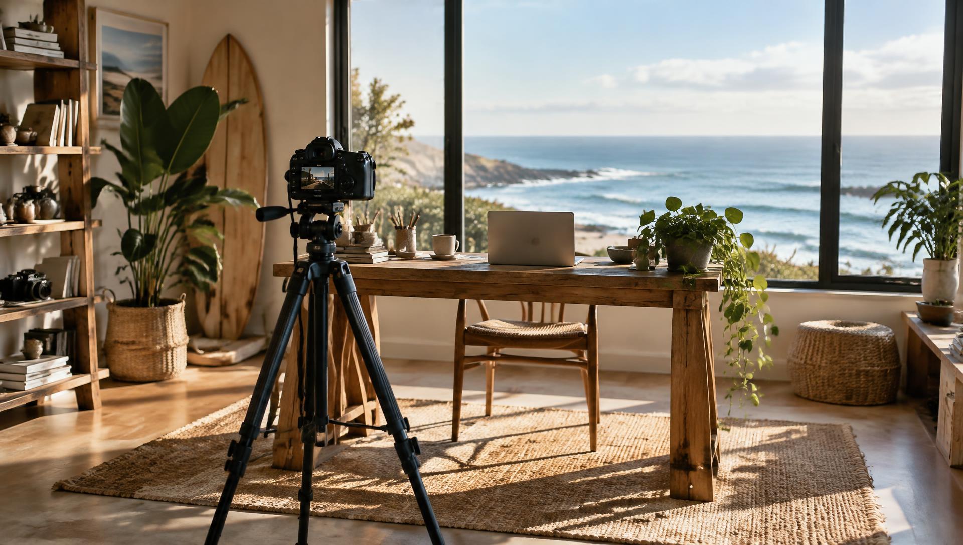 A camera on a tripod in a sunny studio overlooking the ocean